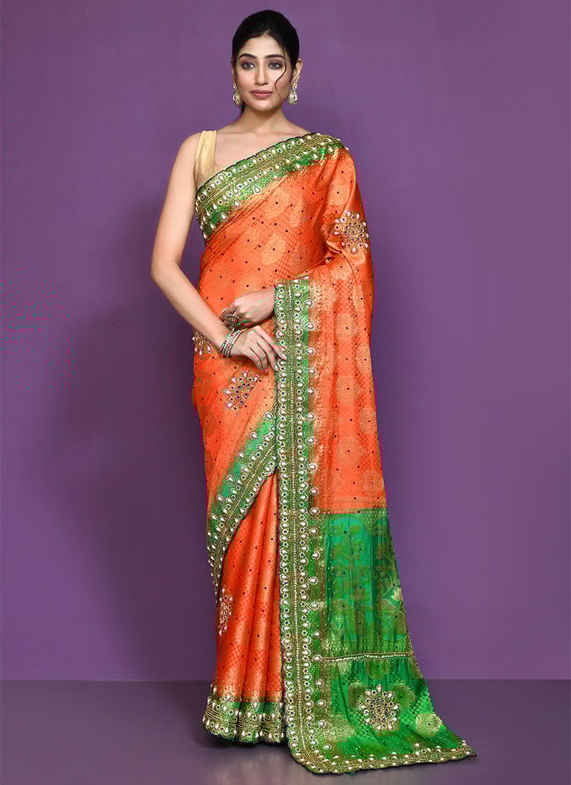 Kanchipuram Zari Embroidered Orange Silk Saree For Traditional Women Festive Wear-SADSF7397