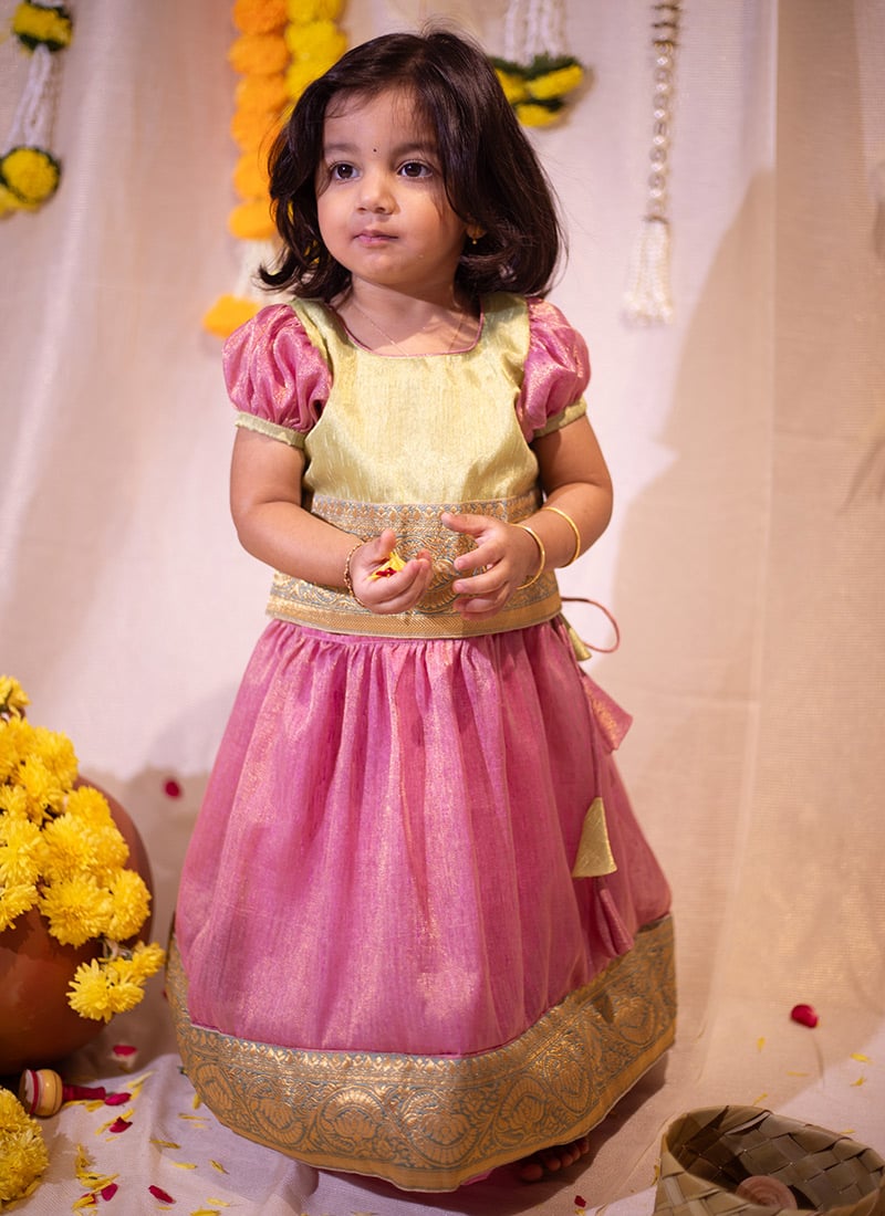 Khadhi Tissue Kids Girls A Line Lehenga With Round Neck And Half Sleeve Party Wear