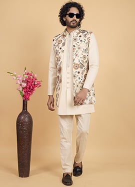 Khadi Silk Cream Embroidered Thread Indowestern Sherwani