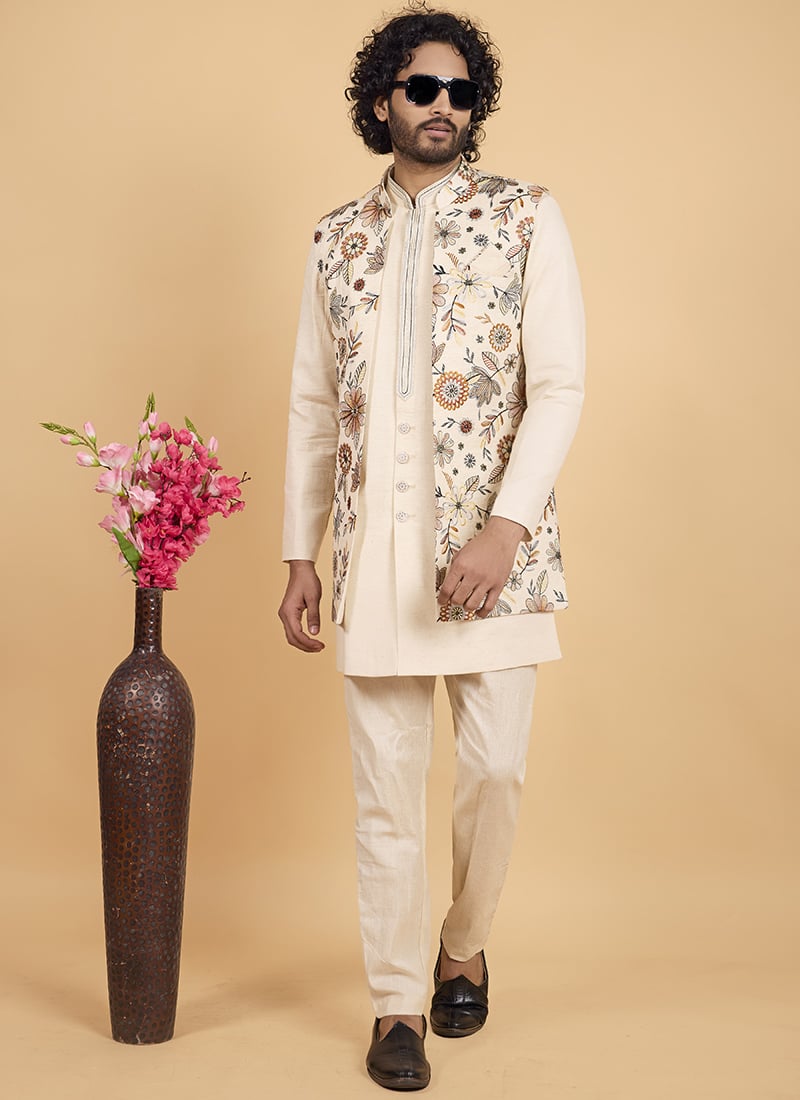 Khadi Silk Cream Embroidered Thread Indowestern Sherwani Wedding Wear