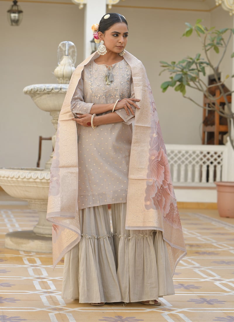 Khakhee Chanderi Floral Printed Embroidered Sharara Suit Festive Wear