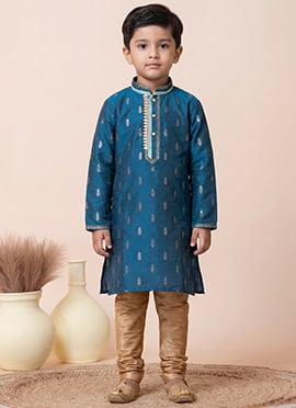 Kids Boys Blue Jacquard Silk Kurta Pyjama