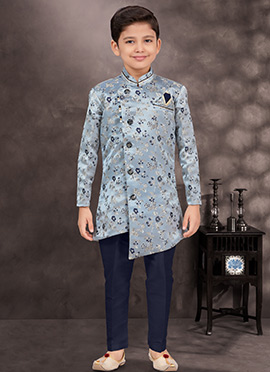 Kids Boys Indowestern Sherwani In Grey Banarasi Soft Jacquard