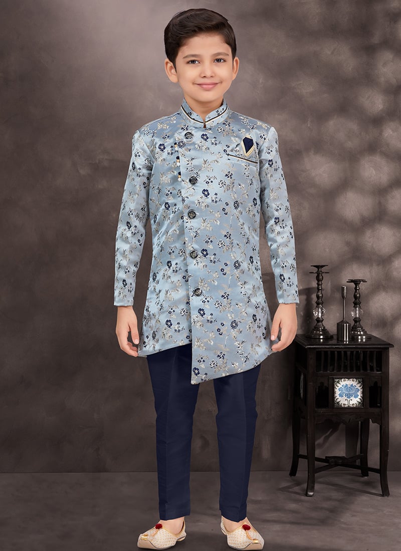 Kids Boys Indowestern Sherwani In Grey Banarasi Soft Jacquard Wedding Wear