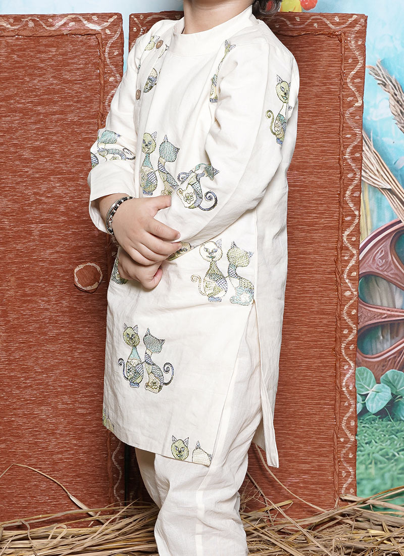 Boys Teal Green & White Embroidered Kurta with Pyjamas main image 1