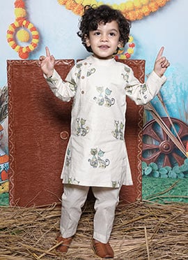 Kids Boys Kurta Pyjama In Off White Cotton Embroidered