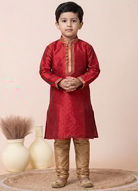 Kids Boys Red Silk Kurta Pyjama
