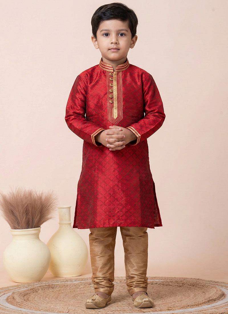 Kids Boys Red Silk Kurta Pyjama Festive Wear