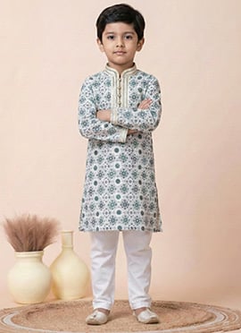Kids Boys White Printed Cotton Kurta Pyjama