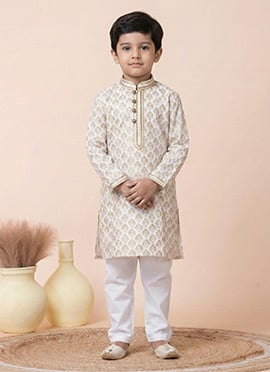 Kids Boys White Printed Mono Cotton Polyester Kurta Pyjama