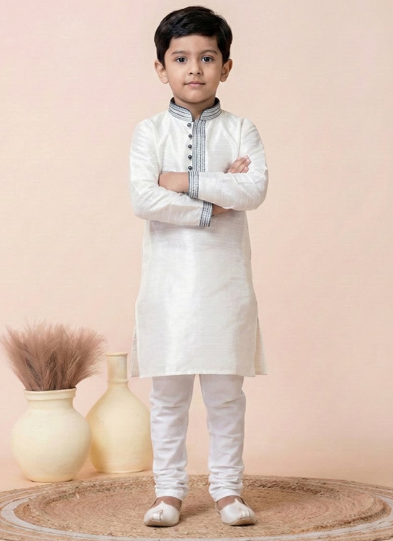 Kids Boys White Silk Kurta Pyjama  Festive Wear