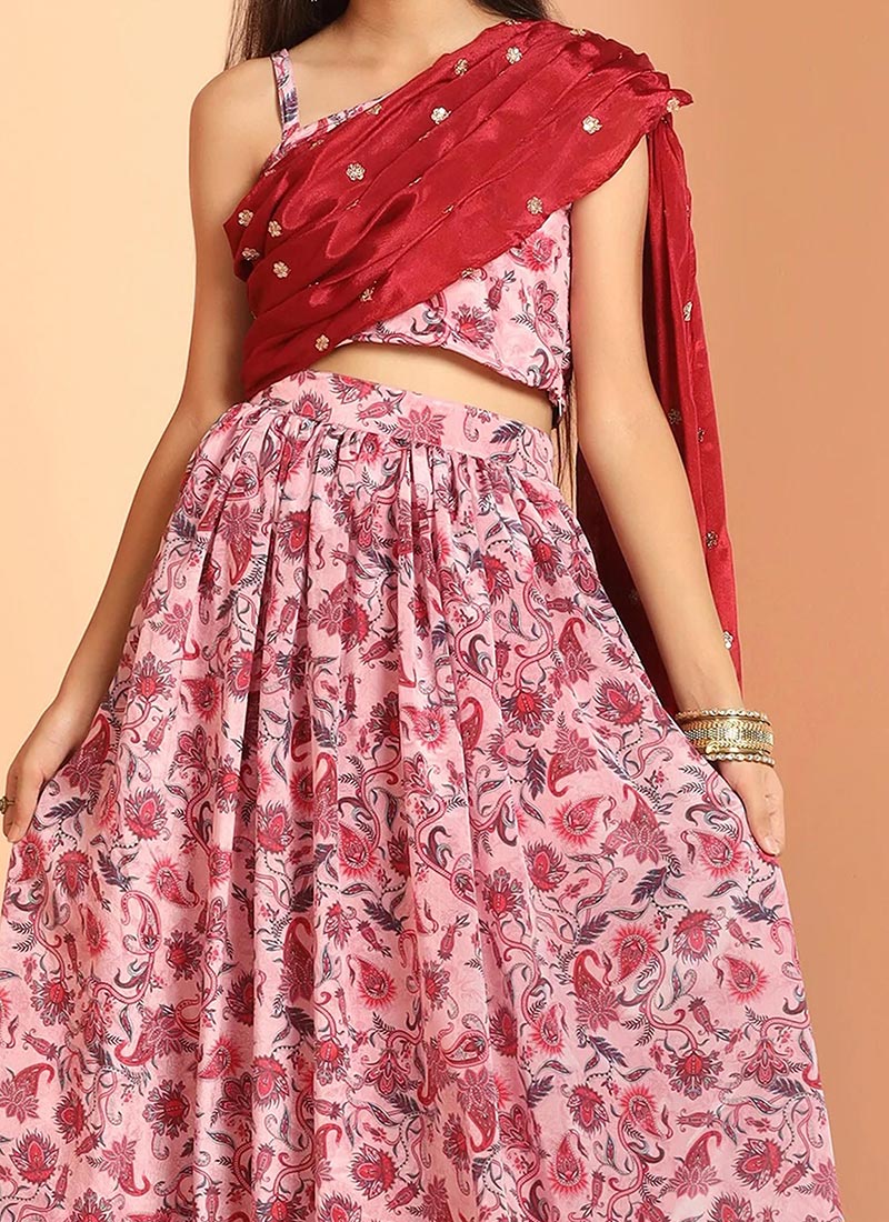 Girls Pink Blouse & Floral Lehenga Set with Purple Dupatta  Festive Partywear