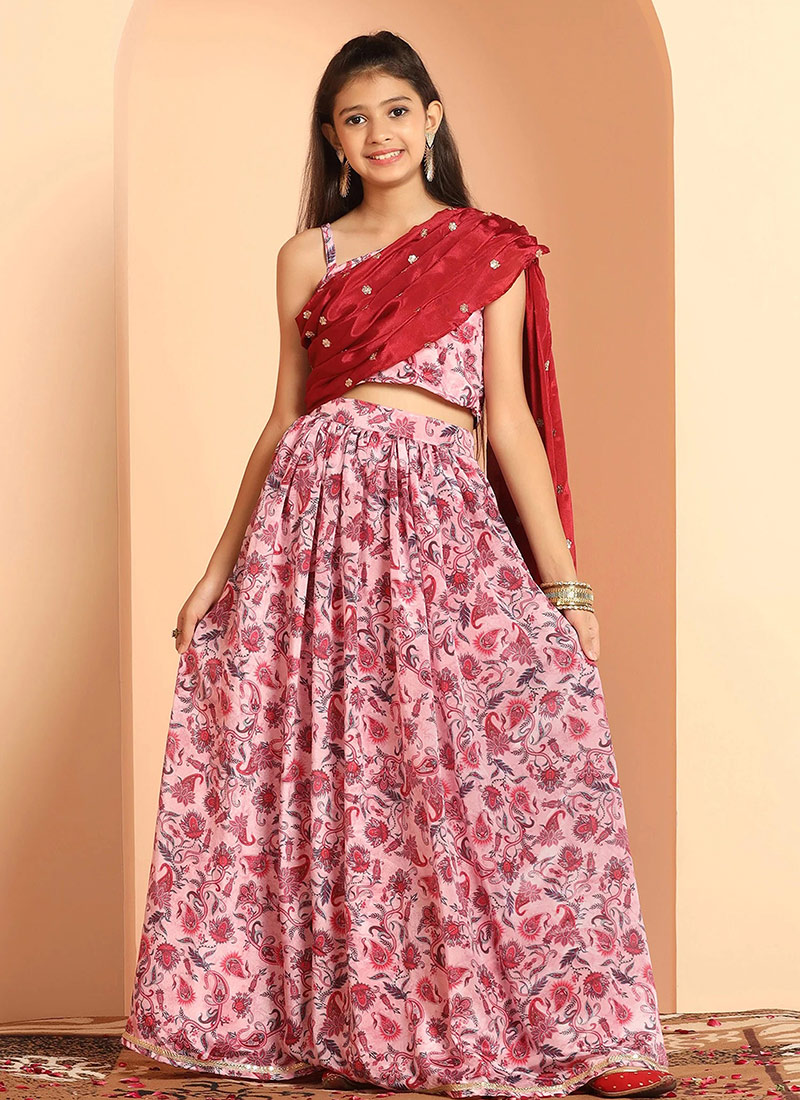 Campana Girls Heera Frilly Lehenga with Angrakha Choli & Dupatta Set - Paisley & Flowers - Pink