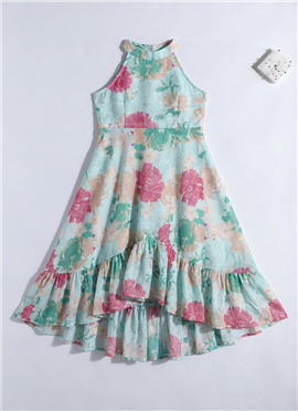 Kids Girls  Blue N  Halter Neck Asymmetr