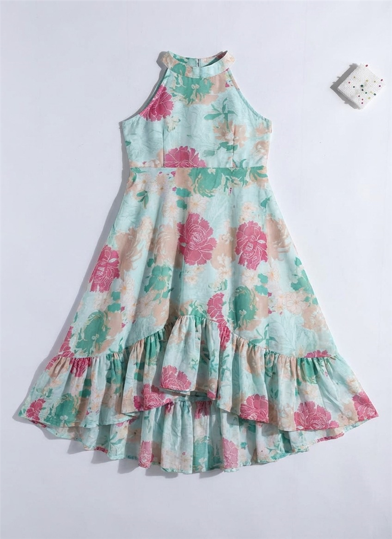 Kids Girls Blue N Halter Neck Asymmetr Party Wear