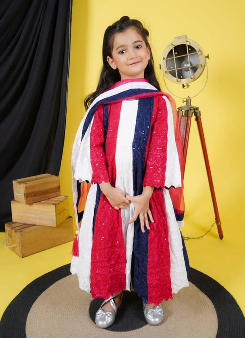 Kids Girls Anarkali Suit In Multicolor Cotton With Embroidered Sequins Festive Wear