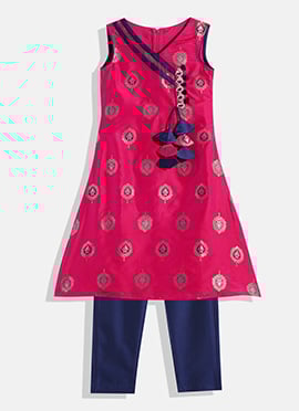 Kids Girls Dark Pink Taffeta Jacquard Kurta Set