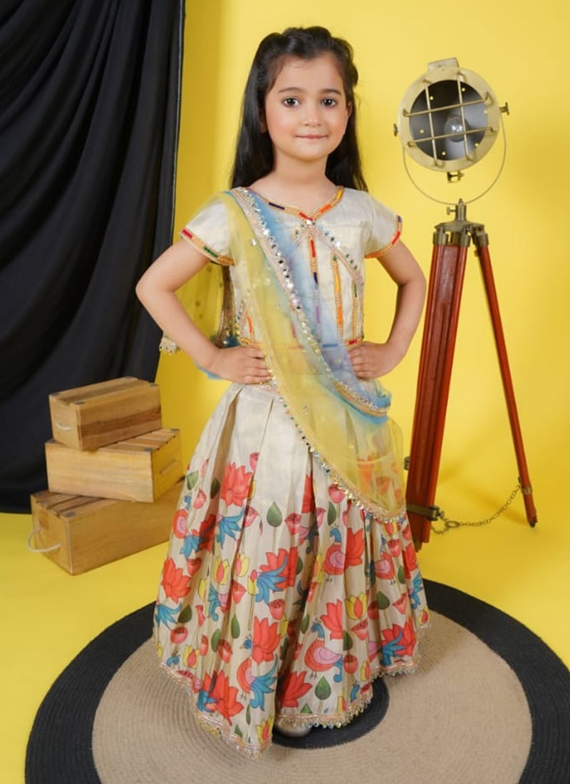 Kids Girls Lehenga In Cream Chanderi With Digital Print