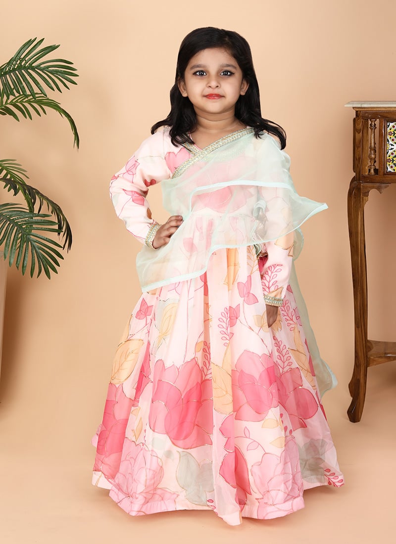 Kids Girls Light Peach Organza Zari Digital Print Anarkali Suit Festive Wear