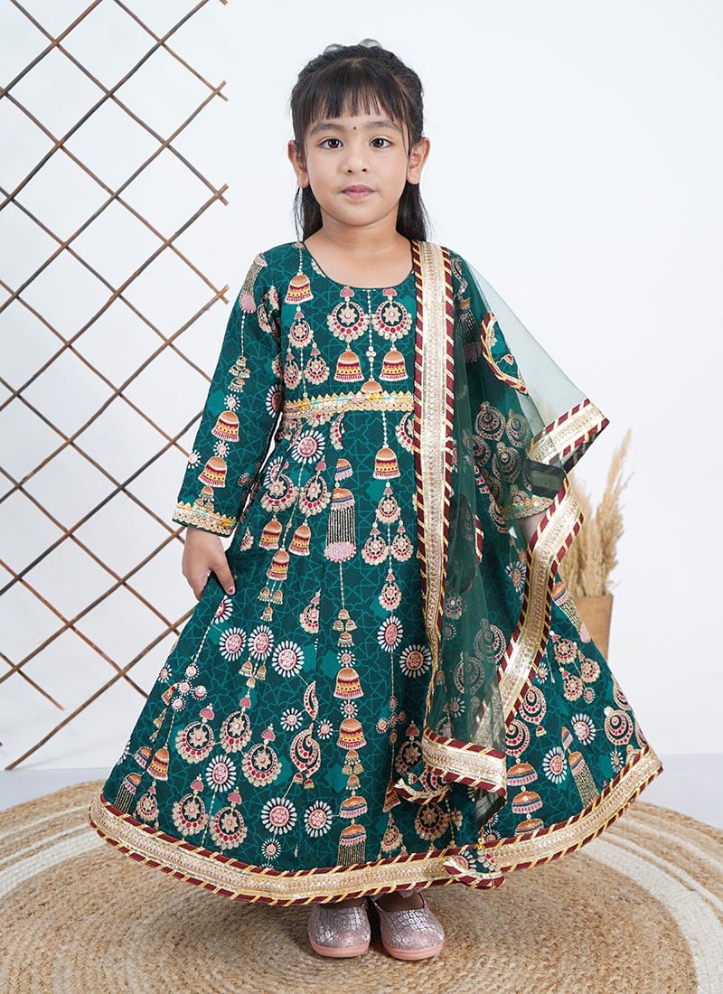 Kids Girls Long Gown Green Chinon Embroidered Sequins And Zari Lace Dupatta Party Wear