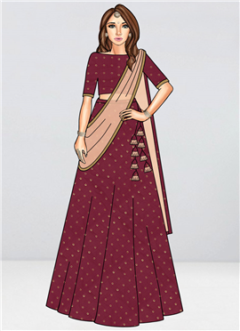 Kids Girls Maroon Jacquard Boat Neck Choli N Lehenga Set