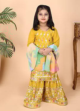Kids Girls Mustard Faux Georgette Embroidered Sequins Sharara Suit