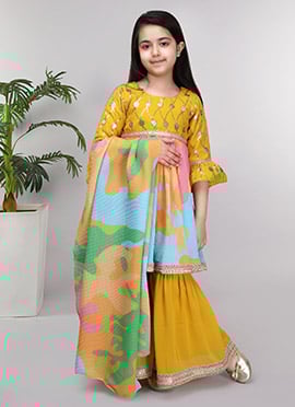Kids Girls Mustard Faux Georgette Sequins Embroidered Sharara Suit