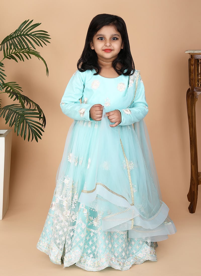 Kids Girls Sky Blue Net Sequins Embroidered Anarkali Suit Festive Wear