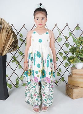 Kids Girls White Blended Cotton Digital Print Kurta Sharara Set