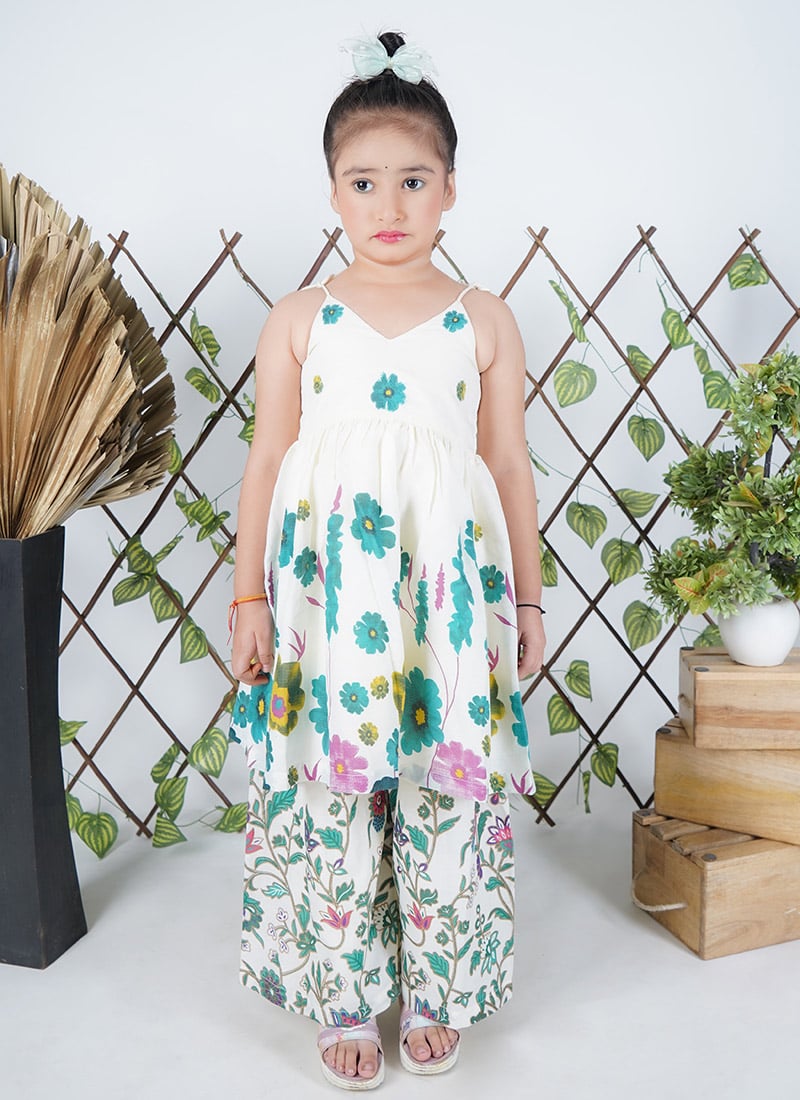 Kids Girls White Blended Cotton Digital Print Kurta Sharara Set  After Six Wear