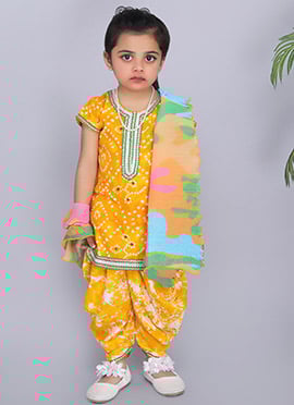 Kids Girls Yellow Blended Cotton Salwar Suit