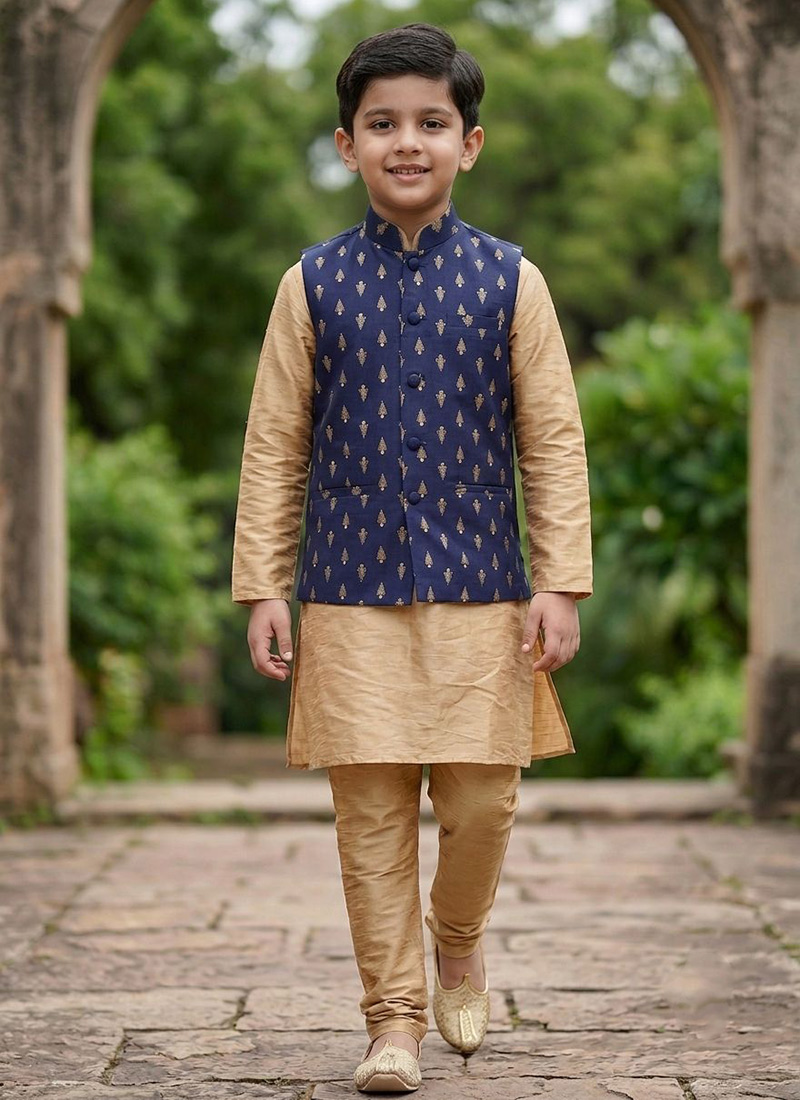 Kids Gold Silk Jacquard Bandi Kurta Pyjama Set Festive Wear