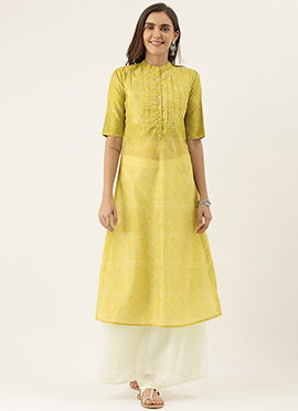 Knife Pleated Green Printed Kurti