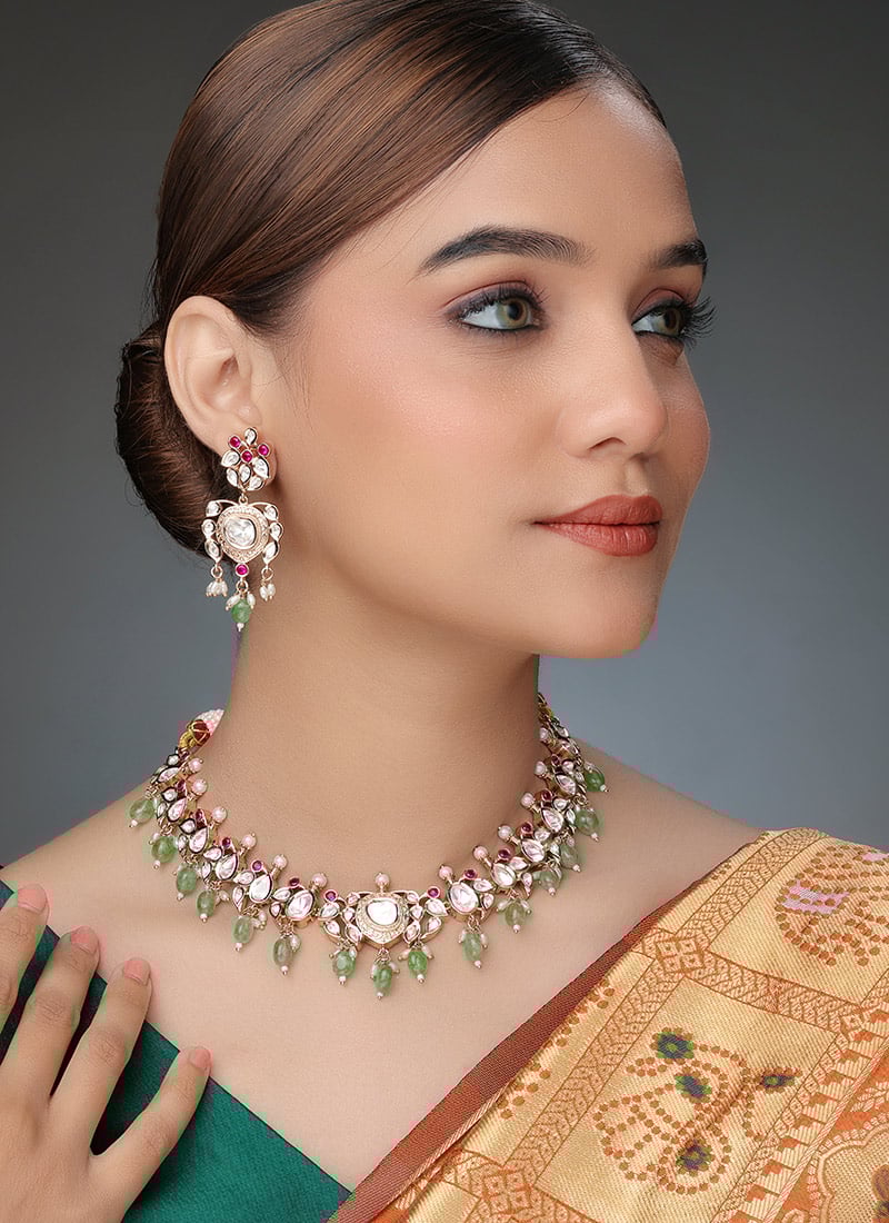 Kundan And Moti Work Rose Gold Necklace Wedding Wear