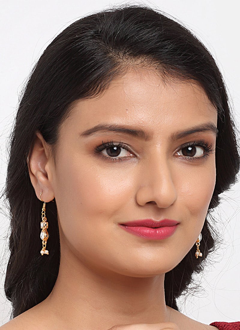 Kundan Danglers in Gold Plating With Sparkling White Stones And Beads Party Wear