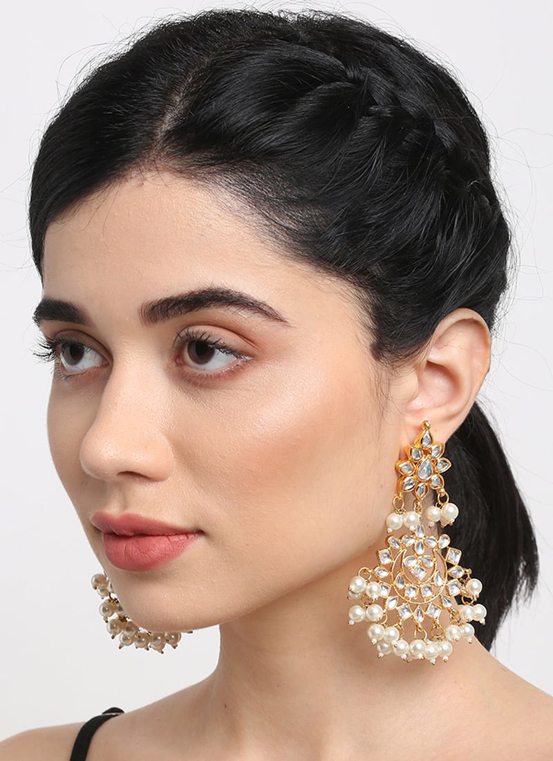 Kundan Danglers With Gold Finish White Stones, And Pearls Charms Party Wear