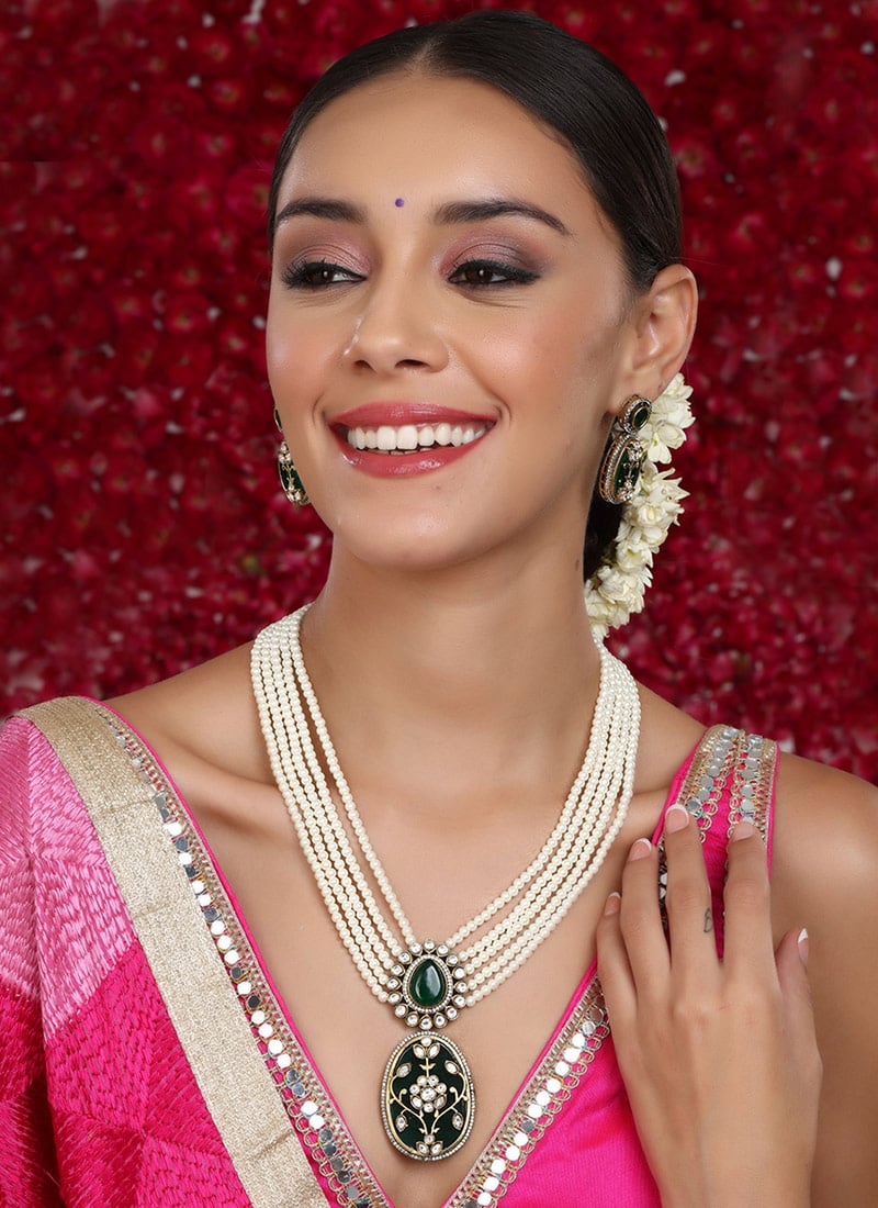Kundan With Stone And Pearl Work Gold Plated Green Necklace Festive Wear