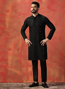 Kurta Pyjama for Men Black Cotton With Embroidered Sequins