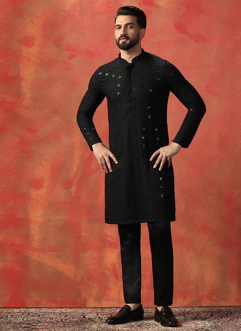 Kurta Pyjama for Men Black Cotton With Embroidered Sequins