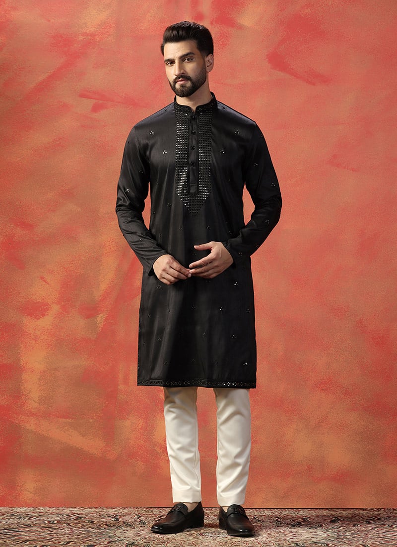 Kurta Pyjama for Men Black Cotton With Embroidered Sequins Festive Wear