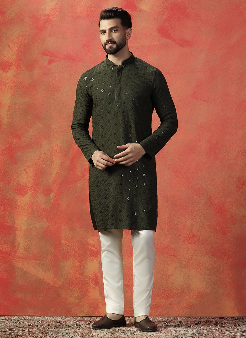 Kurta Pyjama for Men Green Cotton With Embroidered Sequins Festive Wear