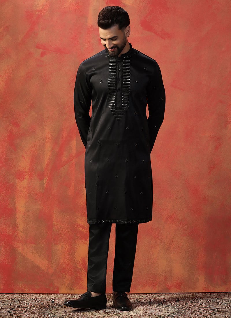Kurta Pyjama For Men In Black Silk With Embroidered Sequins  Festive Wear