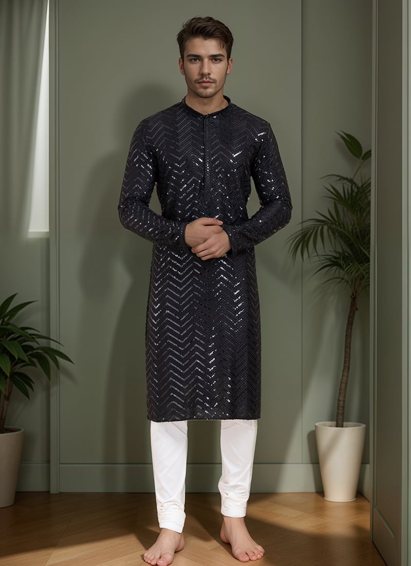 Kurta Pyjama For Men In Black Viscose Rayon With Sequins Work Festive Wear