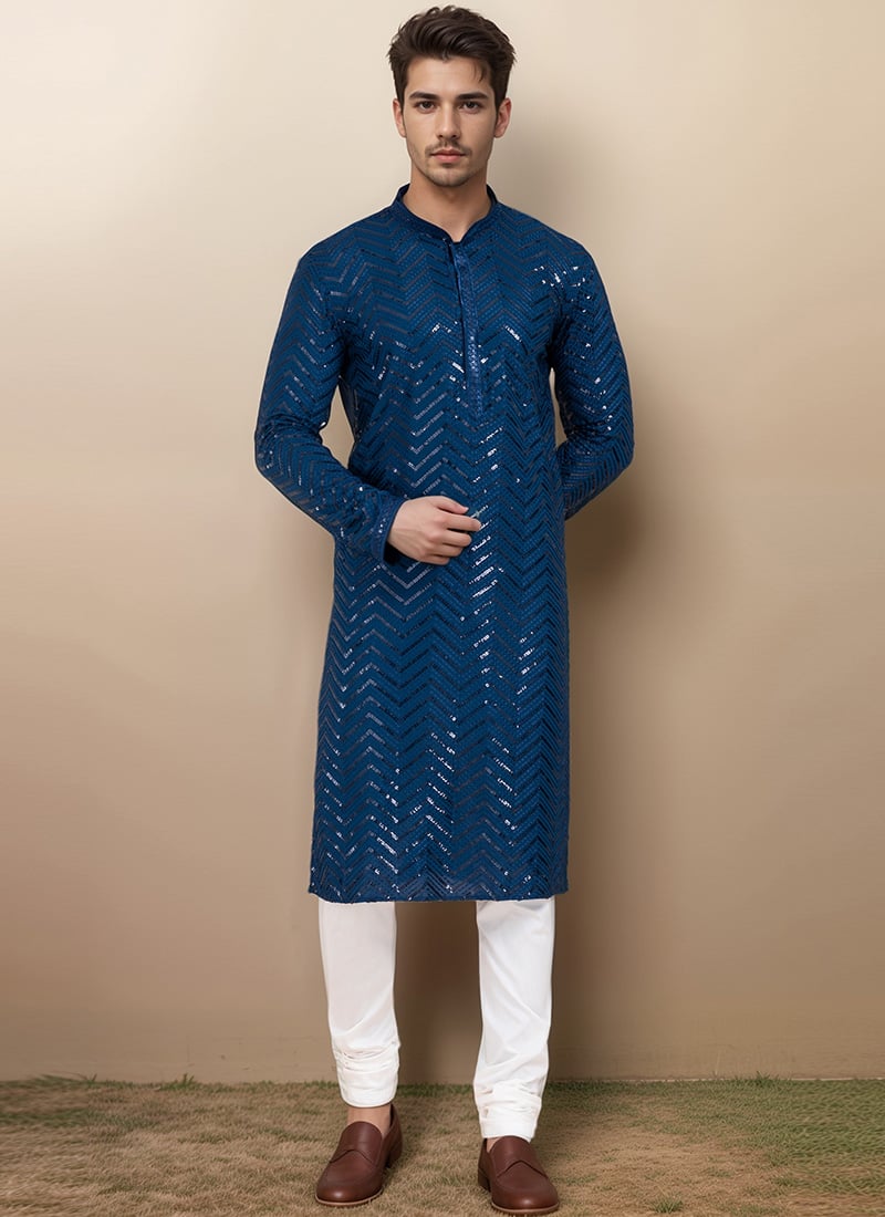 Kurta Pyjama For Men In Blue Viscose Rayon With Sequins Work Festive Wear