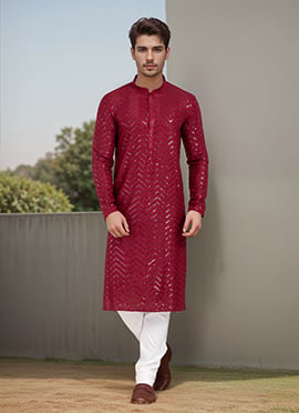 Kurta Pyjama For Men In Maroon Viscose Rayon With Sequins Work