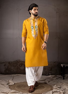 Kurta Pyjama For Men In Mustard Silk Embroidered