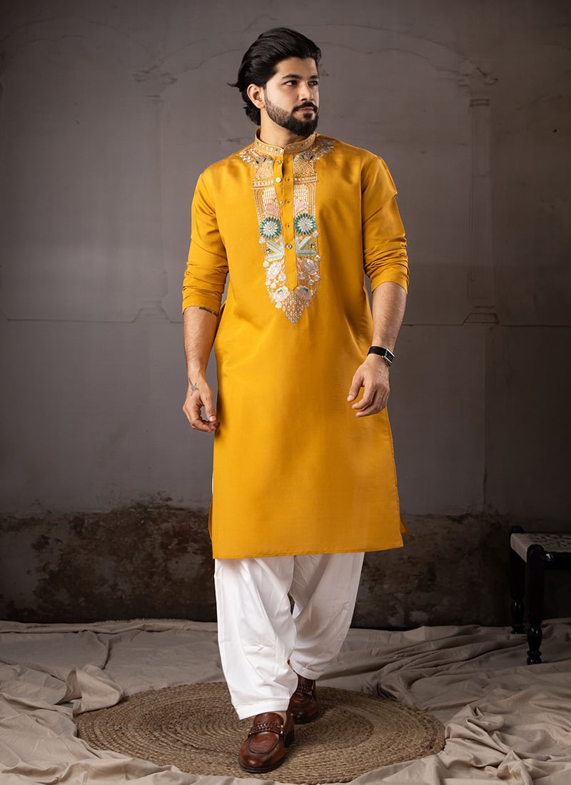 Kurta Pyjama For Men In Mustard Silk Embroidered  Festive Wear