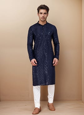 Kurta Pyjama For Men In Navy Blue Viscose Rayon With Sequins Work