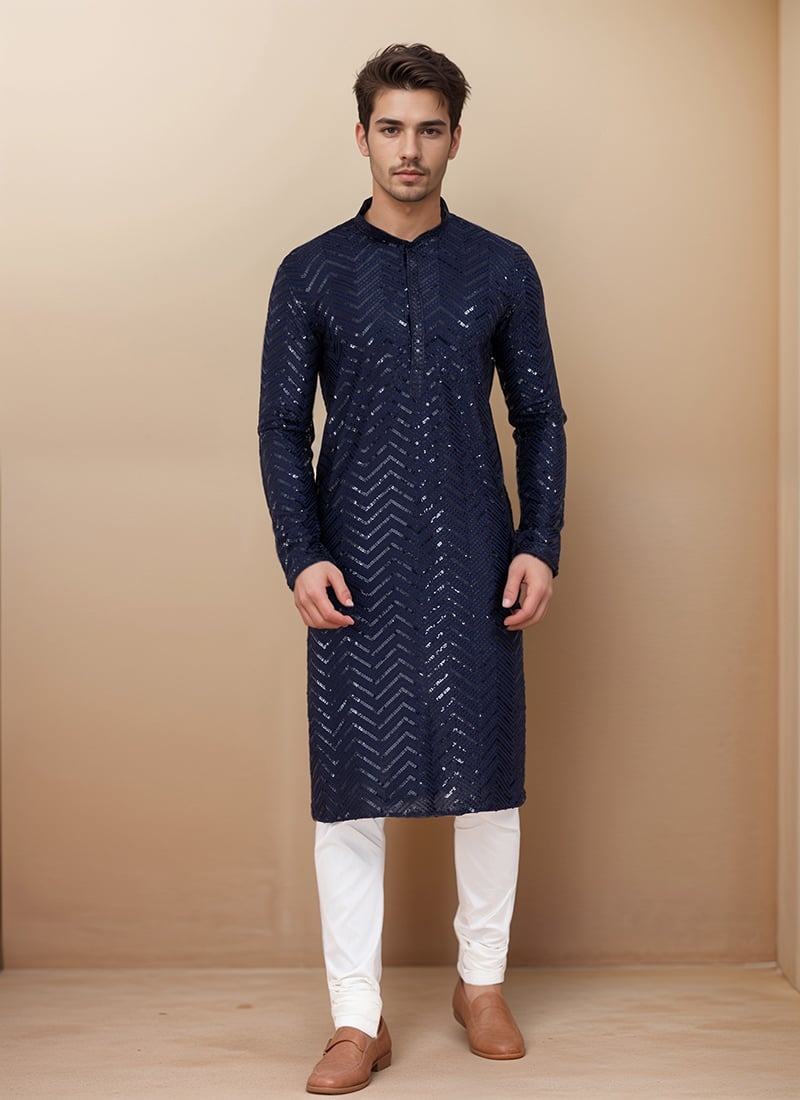 Kurta Pyjama For Men In Navy Blue Viscose Rayon With Sequins Work Festive Wear