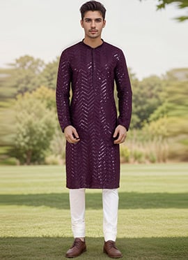 Kurta Pyjama For Men In Purple Viscose Rayon With Sequins Work